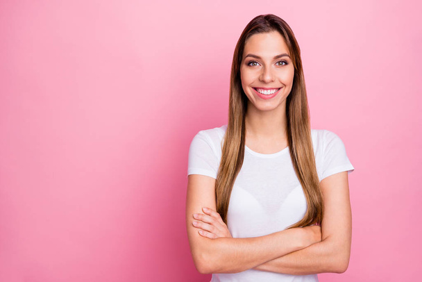 Portrait of positive cheerful girl real professional cross her hands feel satisfied emotions wear good looking clothes isolated over pink color background - Fotoğraf, Görsel