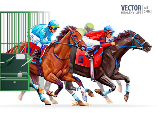 Three racing horses competing with each other. Start gates for horse races the traditional prize Derby. Hippodrome. Racetrack. Sport. Vector illustration - Vector, Image