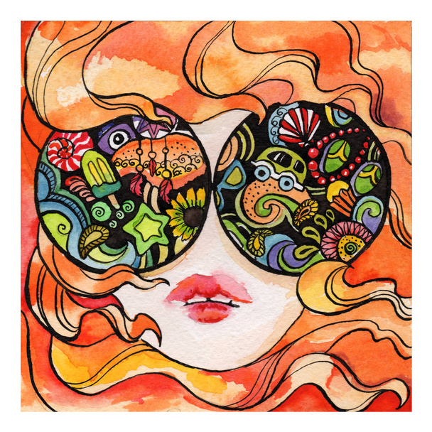 Een meisje met rood haar in grote zonnebril een aquarel tekening met de hand, een hippie meisje met rode lippen, een doodle reflectie in bril. - Foto, afbeelding