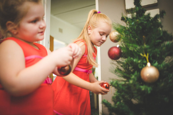 Κοντινή εικόνα δύο νεαρών κοριτσιών / αδελφών, στολίζοντας ένα χριστουγεννιάτικο δέντρο για τις γιορτές - Φωτογραφία, εικόνα