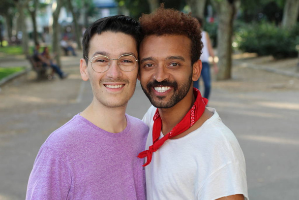 ゲイの異人種間のカップルの肖像画です - 写真・画像