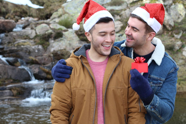 Δύο χαρούμενοι όμορφοι άντρες την περίοδο των Χριστουγέννων. - Φωτογραφία, εικόνα