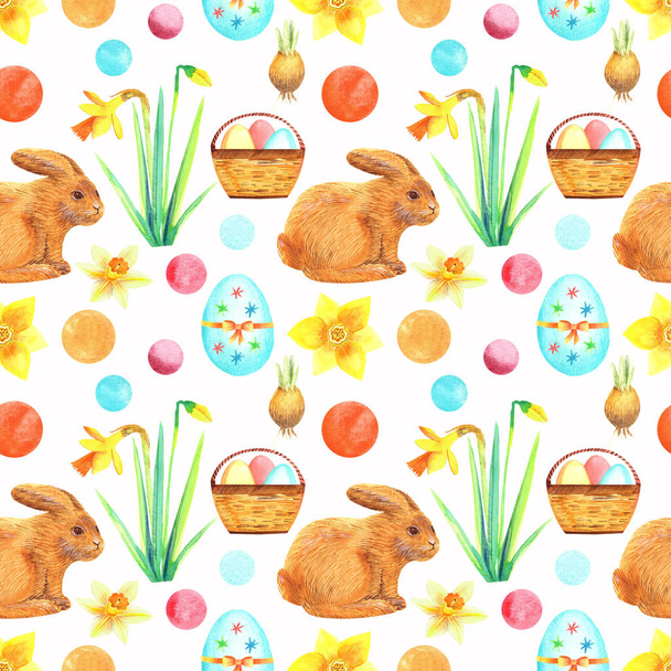 Seamless pattern with yellow narcissus, colorful easter eggs, bunny. Hand painted watercolor stock  illustration on a white background. Perfect for easter invitations cards and decoration. - Foto, imagen