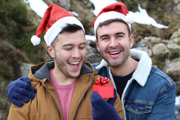 Two joyful handsome men during Christmas season - Photo, Image