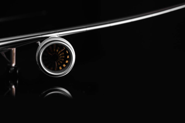 Engine of modern passenger jet airplane. Rotating fan and turbine blades. Close-up front view - Photo, image