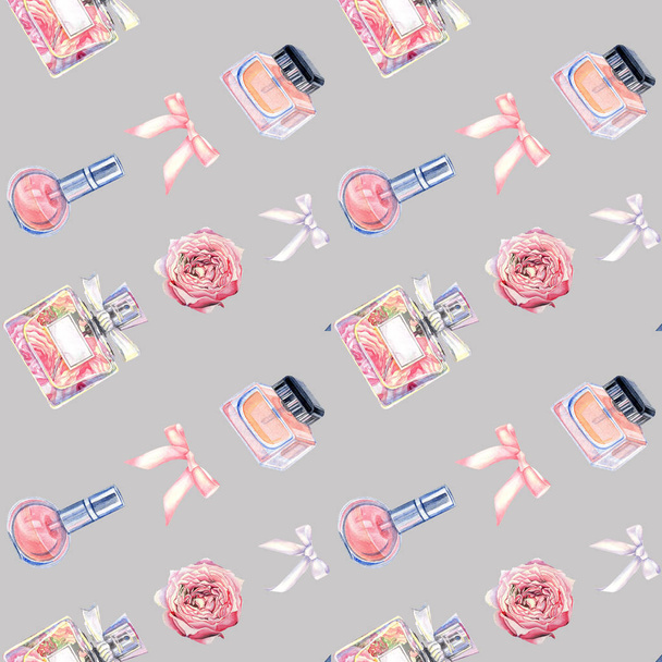 Seamless pattern with perfume bottle, roses on a gray background .Hand painted in watercolor. - 写真・画像