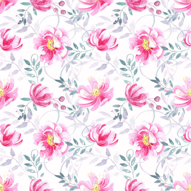 nahtloses Muster mit wildrosa Rosen, eleganten pastellfarbenen floralen Elementen auf weißem Hintergrund.. handgemalt in Aquarell. - Foto, Bild