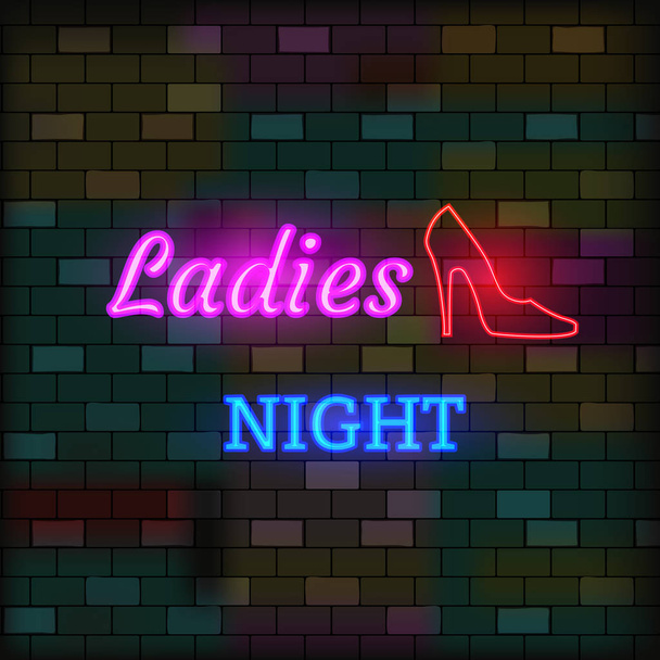 Vip Neon Icon. Cute Vip Neon Ladies Night Inscription con zapatilla roja en el fondo de la pared de ladrillo oscuro. Estilo plano. Ilustración vectorial
 - Vector, Imagen