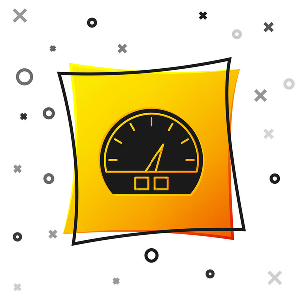 Czarna ikona prędkościomierza odizolowana na białym tle. Żółty, kwadratowy przycisk. Ilustracja wektora - Wektor, obraz