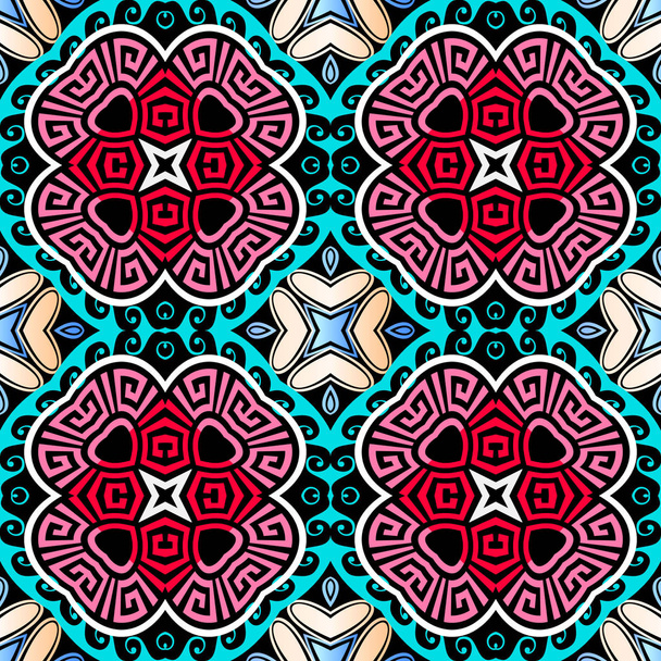 Floral greek vector seamless pattern. Ornamental modern colorful background. Repeat bright backdrop. Ornate greek key meanders beautiful ornament with abstract flowers, geometric shapes, waves, lines - Διάνυσμα, εικόνα