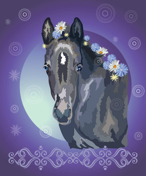 Koňský portrét s květinami 37 - Vektor, obrázek