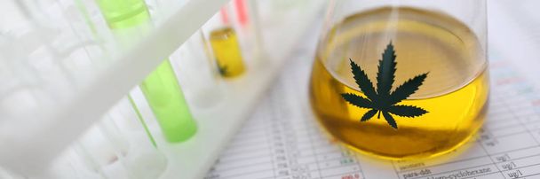 Test tube with yellow cbd oil in chemistry lab closeup - Photo, Image