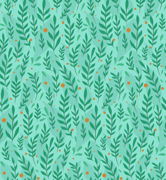 Branches, leaves and berries on turquoise background. Seamless f - Vector, Imagen
