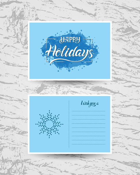 Happy Holidays card on watercolor splash. Front and back side of greeting card with snowflake and winter style. Hand writing celebration lettering phrase on blue for invitation and congratulation. - Vector, Image
