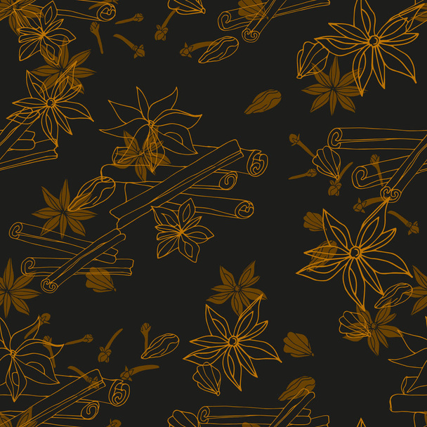 Seamless dark anise and cinnamon pattern. Vector illustration of spices for winter drinks. Testura for fabric, paper and tile decoration. - Вектор, зображення
