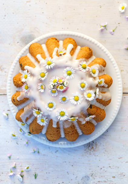 Wielkanocne ciasto drożdżowe (Babka) pokryte lukrem i ozdobione stokrotkami na białym talerzu na białym drewnianym stole, widok z góry. Tradycyjne ciasto wielkanocne w Polsce - Zdjęcie, obraz