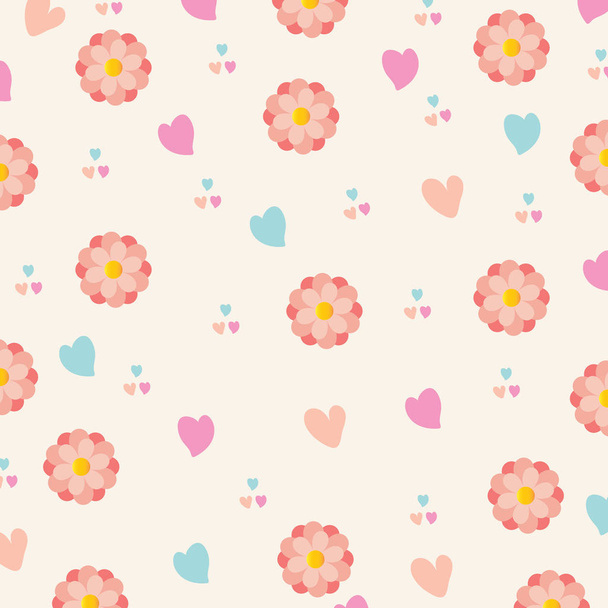 Romantic seamless Illustration with colorful hearts and pink flowers on a light pink background - Vektor, Bild