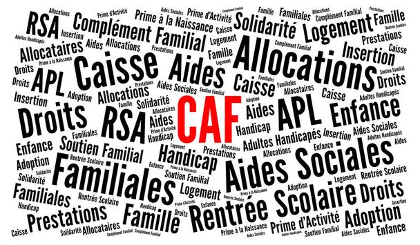 Caisse asignaciones familiales o CAF es la rama familiar de la nube palabra seguridad social francesa en lengua francesa
 - Foto, Imagen