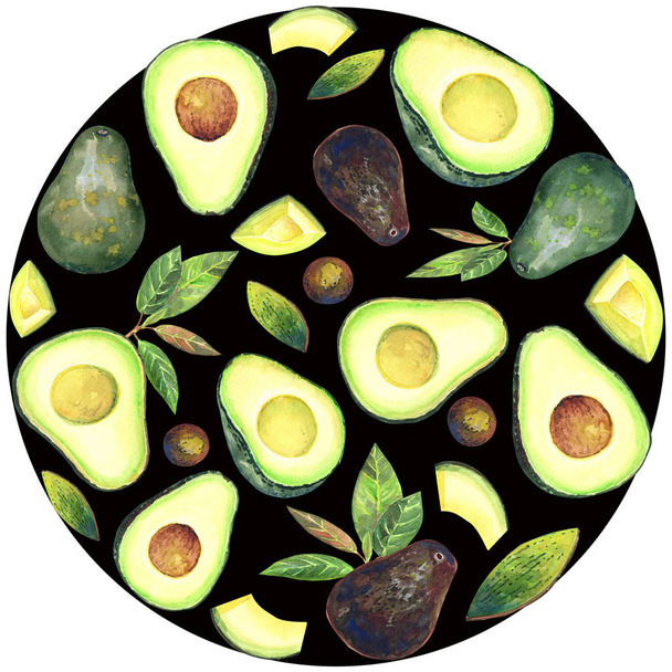 Seamless pattern with avocados, leaves on a black background. Hand painted in watercolor. Stock illustration. - Foto, immagini