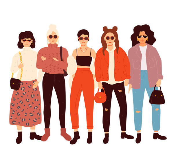 Группа очаровательных женщин, одетых в модную одежду
. - Вектор,изображение