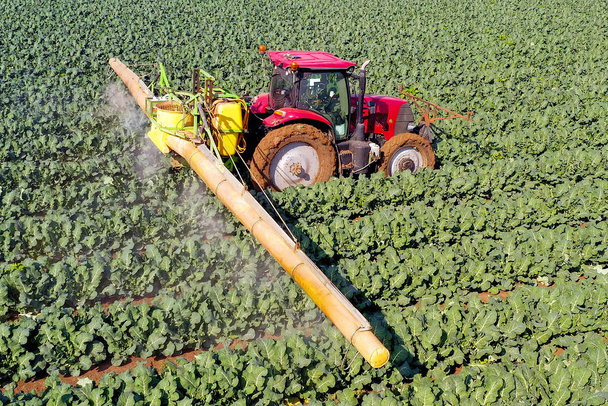 Трактор пестицидов, работающий на большом поле. - Фото, изображение