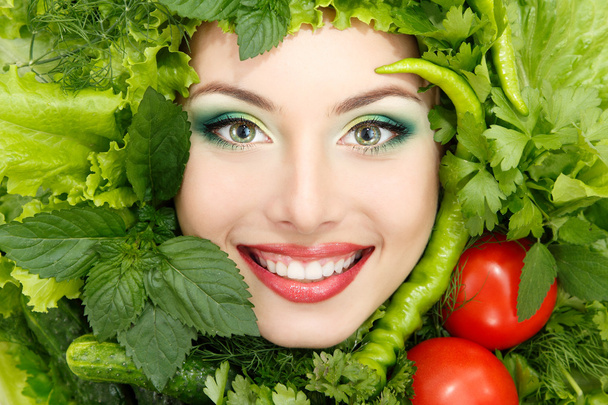 greens vegetables frame woman beauty face - Photo, Image