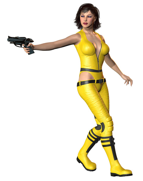 Φαντασία Warrior κορίτσι σε ένα κίτρινο φόρεμα, οπλισμένο με φουτουριστικό όπλο, καστανές τρίχες, 3D εικονογράφηση - Φωτογραφία, εικόνα
