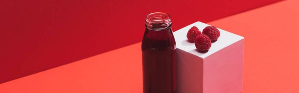 zumo de bayas frescas en botella de vidrio cerca de frambuesas maduras en cubo sobre fondo rojo, plano panorámico
 - Foto, imagen