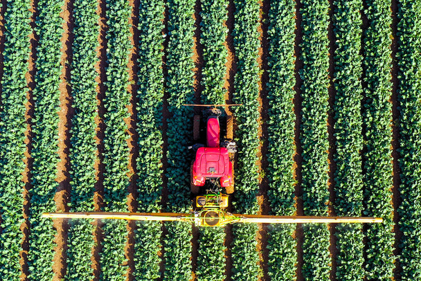 Növényvédőszer-permetező traktor nagy területen. - Fotó, kép