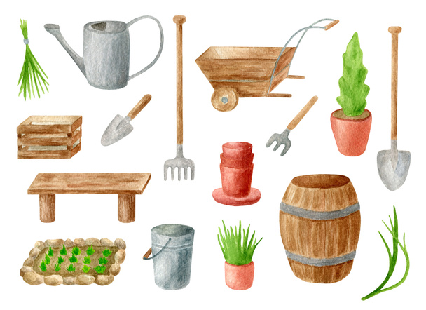 Watercolor gardening tools set. Hand drawn watering can, rake, bucket, wood box and cask, shovel, garden bed, seedling in flower pot, bench and wheelbarrow isolated on white. Spring, summer clipart. - Photo, Image