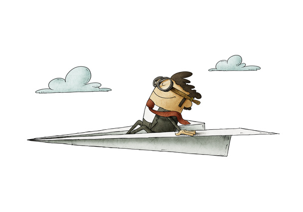 Un hombre de negocios sentado en un avión de papel vuela a alta velocidad. aislado
 - Foto, Imagen
