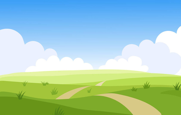 Beautiful summer grassy meadow landscape. Spring nature sunny day. Bright background with cloudy sky in the park, place for text. Cartoon vector illustration. - Вектор,изображение