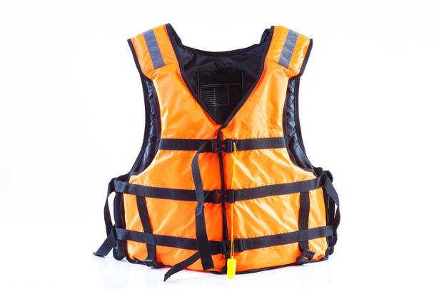 orange life jacket on white background, vest undone, isolated - Photo, Image