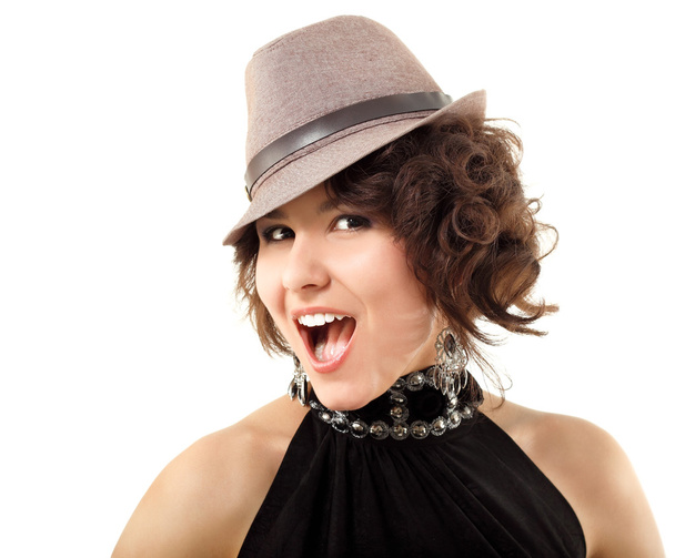 happy portrait of young woman enjoying in hat - Фото, изображение