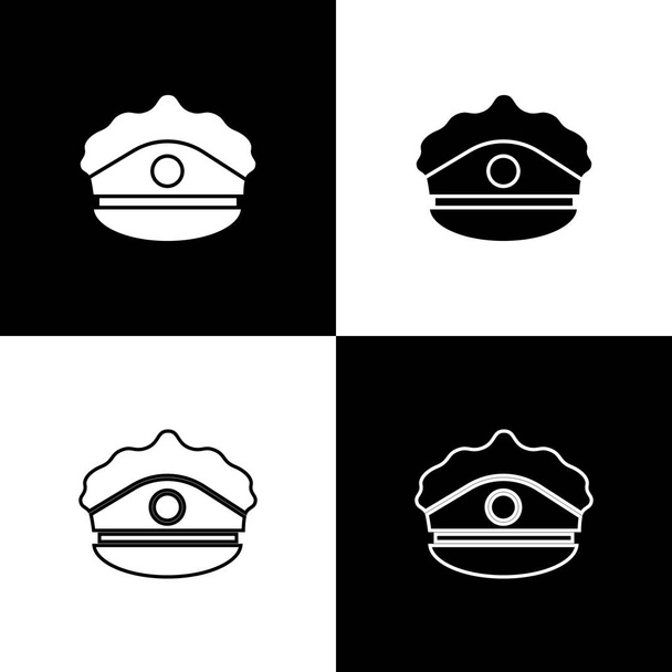 Set Gorra de policía con icono de escarapela aislado sobre fondo blanco y negro. Señal de sombrero de policía. Ilustración vectorial
 - Vector, Imagen