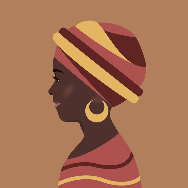 Kaunis nuori nainen mustalla iholla. Afrikkalainen tyttö perinteisessä päähine. Hymyilee, huivi on haavoitettu päähän, korvakoru korvaan. Muotokuva, avatar, profiilin sosiaaliset verkostot. Tasainen kuva
 - Vektori, kuva