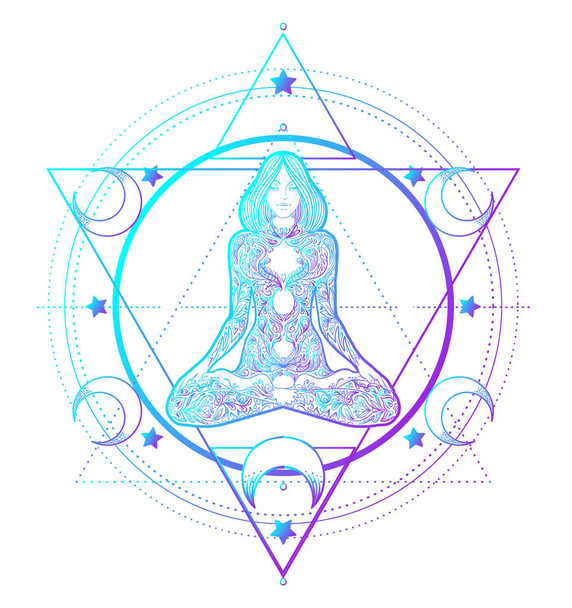 Sacred Geometry and Boo symbol set. Ayurveda sign of harmony and balance. Tattoo design, yoga logo. poster, t-shirt. Colorful gradient over black. Astrology, esoteric, religion. - Vektori, kuva