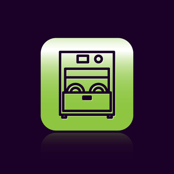 Černá čára Kuchyně myčka nádobí ikona izolované na černém pozadí. Zelený knoflík. Vektorová ilustrace - Vektor, obrázek