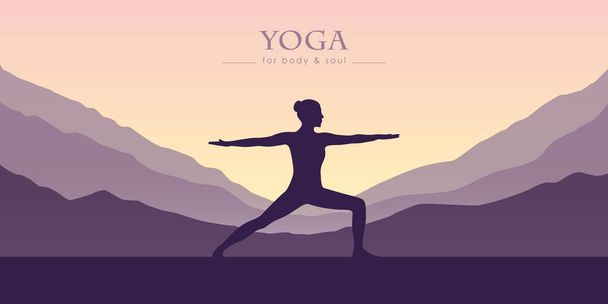 fille fait yoga vue sur la montagne paysage violet
 - Vecteur, image