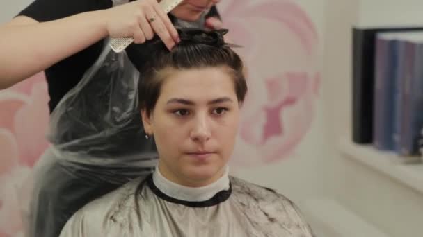 お客様に濡れた髪にヘアスタイルを行うプロの美容師の女性. - 映像、動画