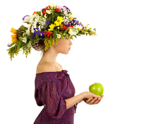 Small girl with hat of flowers - 写真・画像