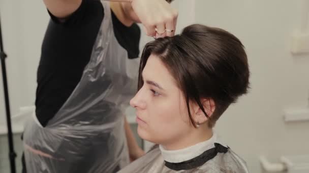 Professionele kapper vrouw doet kapsel op nat haar klant. - Video