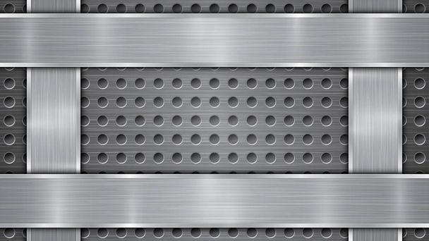 Metal background with holes and four polished plates - Vector, Image