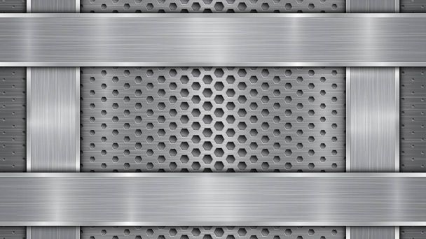 Metal background with holes and four polished plates - Vector, Image