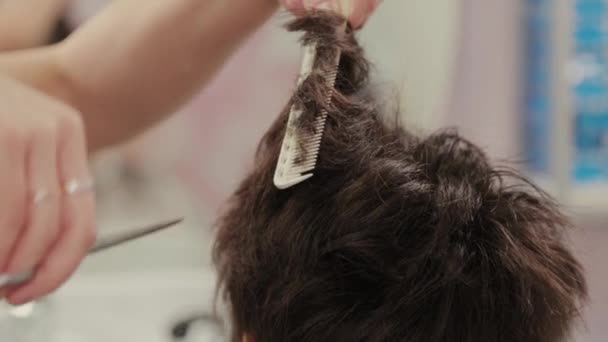 Professional hairdresser woman haircuts a girl with a hairdresser. - Video, Çekim