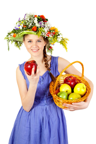 Beautiful girl with flowers and apples - Zdjęcie, obraz