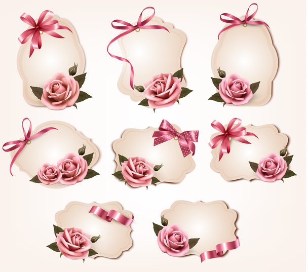 Collection of retro greeting cards with pink roses. Vector illus - Vektör, Görsel