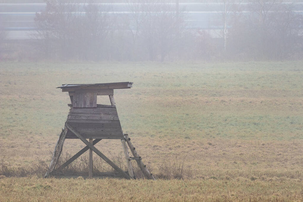 Hide or sitting for hunters with fog and background - 写真・画像
