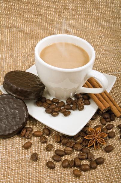 кофе и молоко, корица, анис и печенье на заднем плане SA
 - Фото, изображение