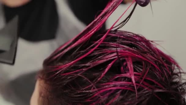 Professional hairdresser woman doing hair styling to client after dyeing. - Footage, Video